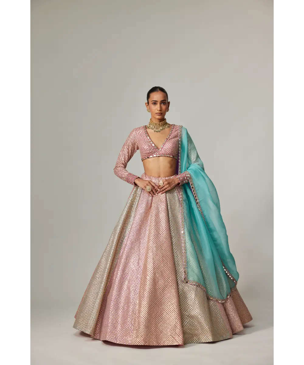 VVANI VATS - Dark Blush multicolor metallic gota Crop Top Skirt with Aqua Dupatta